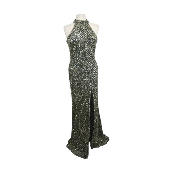 Mac Duggal 4112 Cutout Back Sequin Gown Front Slit Sz 8 Silver and Gold NWT - Picture 4 of 11